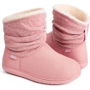 Women's Pink Blue LongBay Chenille Knit Bootie Slippers Memory Faux Fur Suede